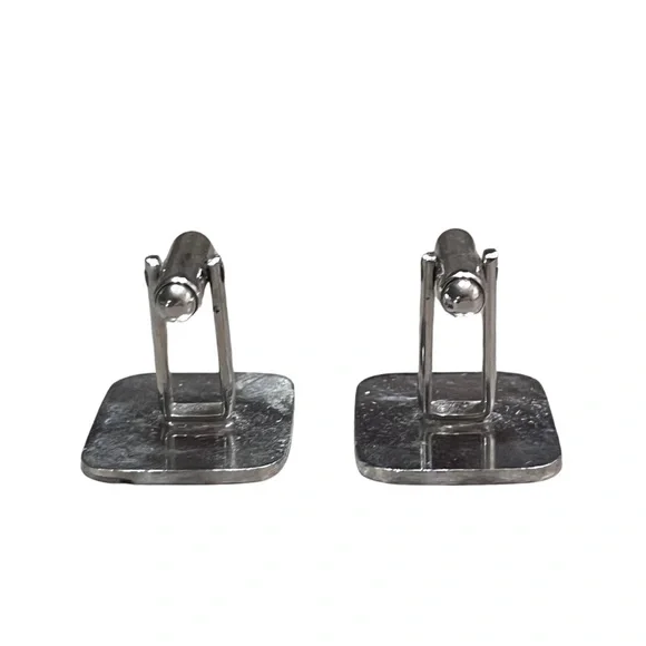 Vintage | Silver Plaid Checker Design Rectangular Cuff Links - Picture 3 of 4